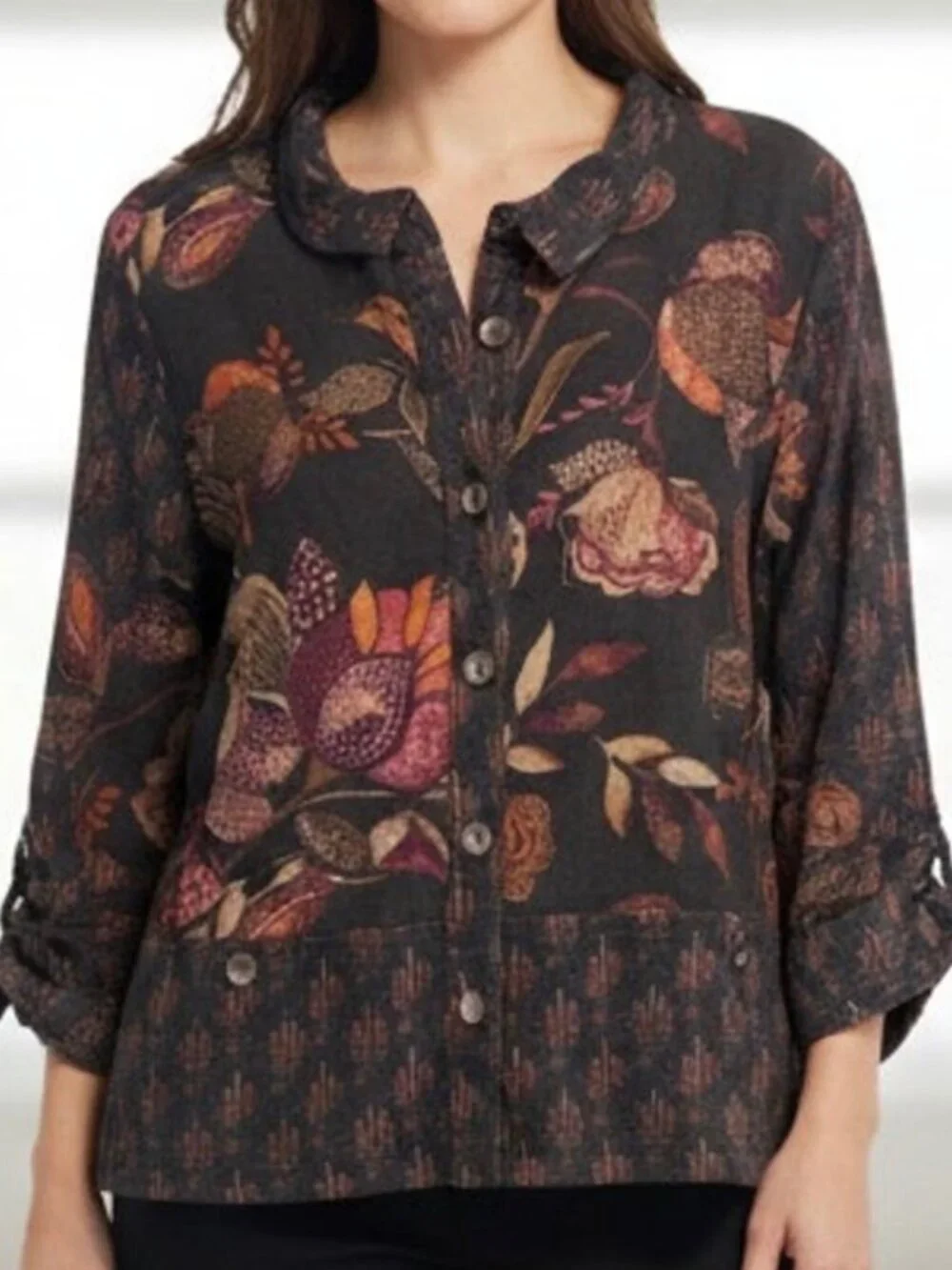 Parsley & Sage Mixed Print Autumnal Floral Boho Lagenlook Button Top Women’s 3X - Picture 2 of 10